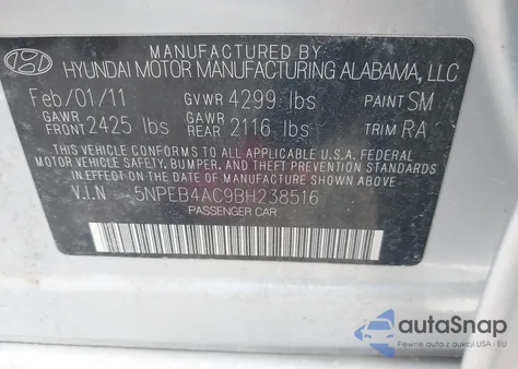 2011 Hyundai Sonata Gls z USA, uszkodzony, nr VIN 5NPEB4AC9BH238516